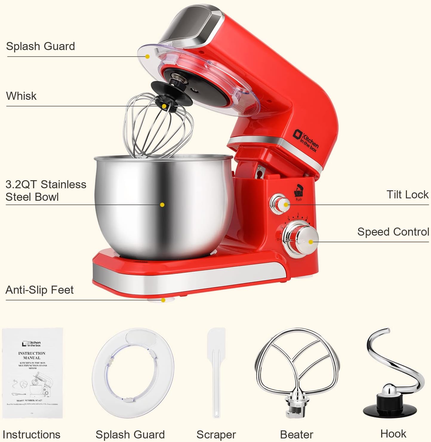 Stand Mixer, Kitchen in the box 3.2Qt Small Electric Food Mixer,6 Speeds Portable Lightweight Kitchen Mixer for Daily Use with Egg Whisk,Dough Hook,Flat Beater (Red)