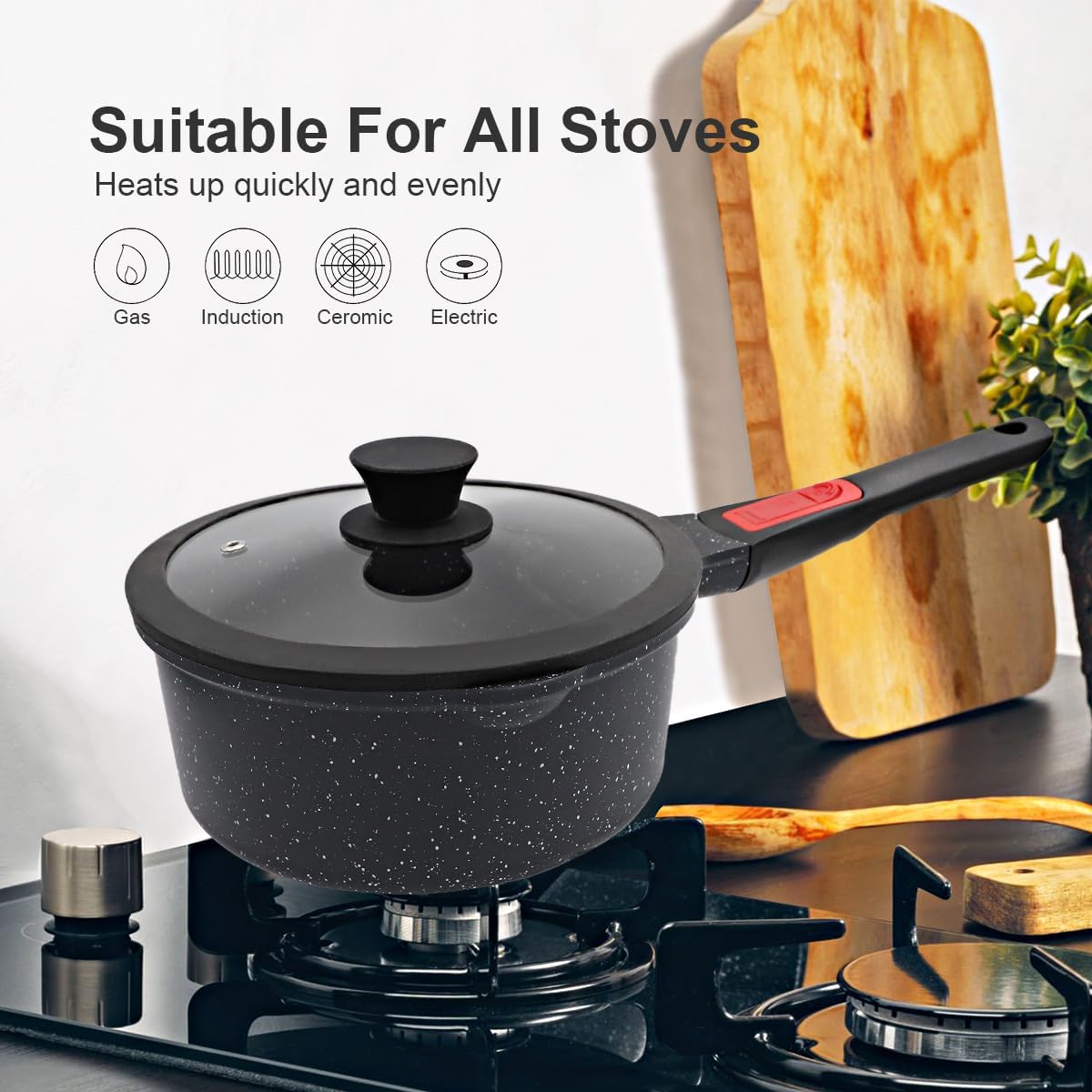 2.3 Quart Nonstick Saucepan with Lid, Small Sauce Pan for Cooking Milk Pot with Detachable Handle, Compatible for All Stoves, Oven Safe (Black)