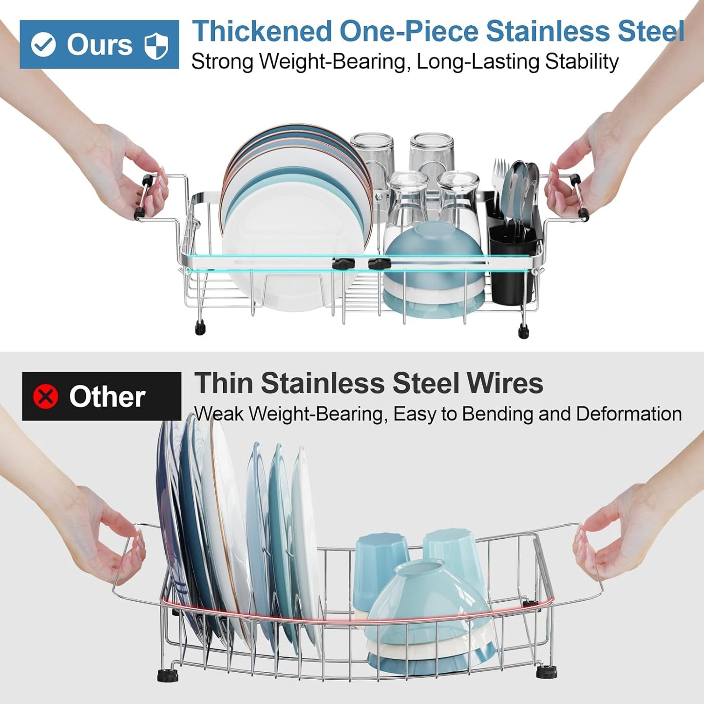 GSlife Expandable in Sink Small Dish Drying Rack - Stainless Steel Capacity Adjustable Over The Sink Dish Rack with Cup Holder and Utensil Holder, 12"~16.8" L x 10.4" W, Silver