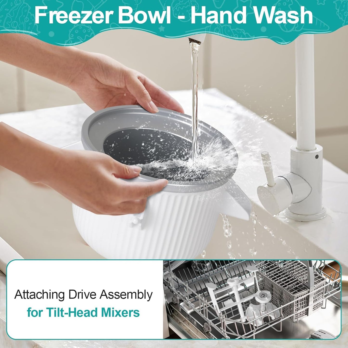 Ice Cream Maker Attachment for KitchenAid Stand Mixer, Ice Cream Bowl Compatible with 4.5Qt and Larger Stand Mixers, Ice Cream & Sorbet Gelato Maker Attachment, 2 Quart, White XTMZ