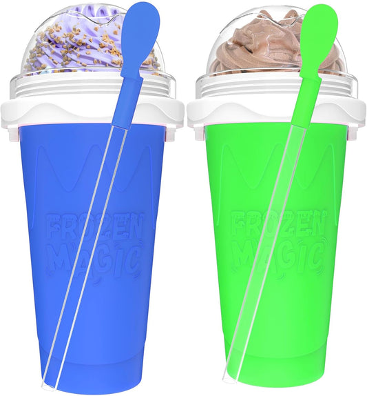 2PCS Slushie Maker Cup, Quick Frozen Magic Cups for Homemade Milk Shake Ice Cream Maker, Double Layer Squeeze Slushy Maker Cup, Birthday Gifts for Kids,Friends,Family (Blue+Green, 350ML)
