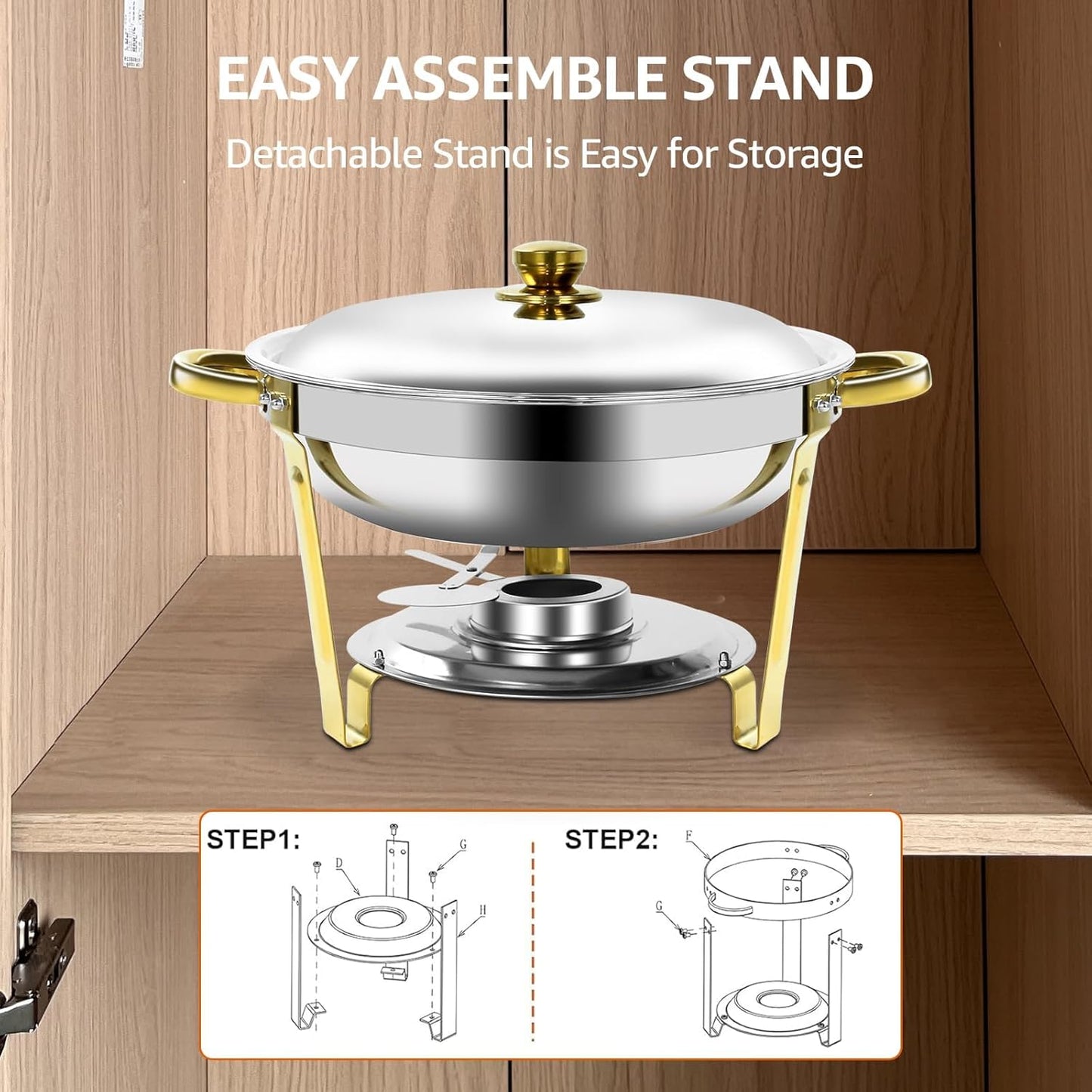 Gold & Silver Chafing Dishes for Buffet with Lid 5QT, 6 Pack - Food-Grade Stainless Steel Chafers and Buffet Warmers Sets with Lid Holder, Rolled Edge Design, for Party, Banquet