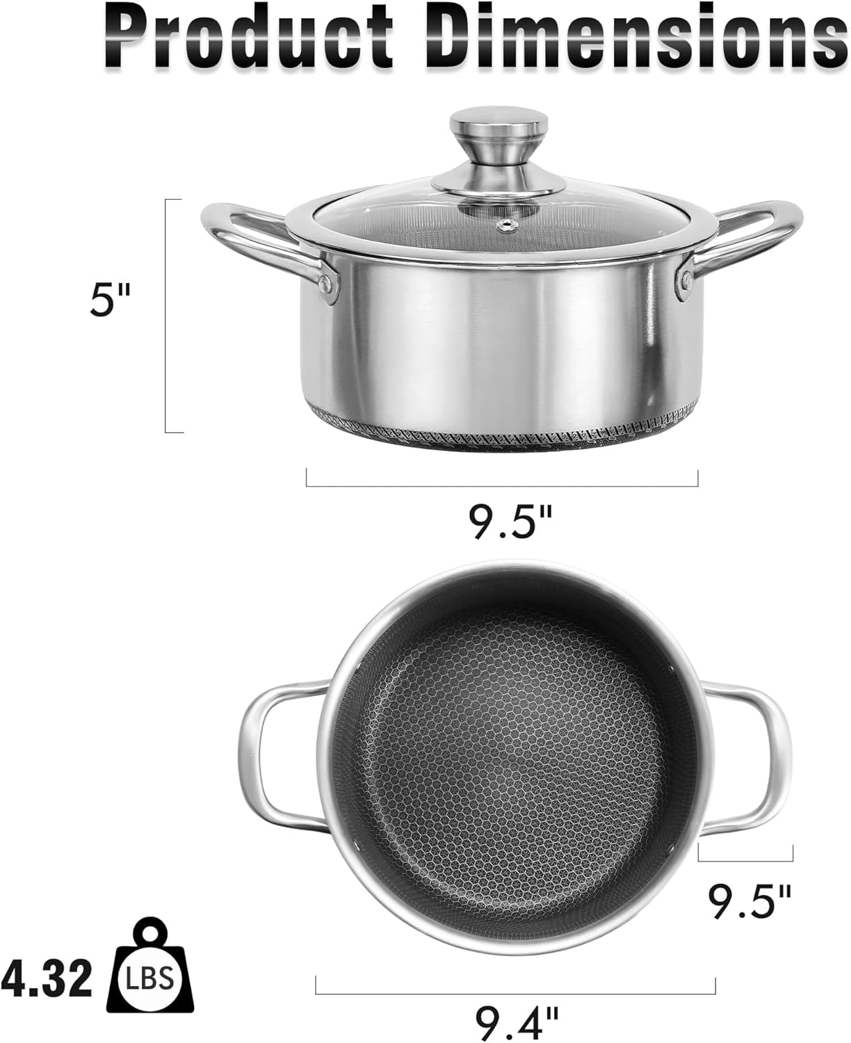 AuFranc™ Hybrid Nonstick 6 Quart Stainless Steel Stockpot with Glass Lid, Induction Stock Pot with Honeycomb Carving, Non-stick Soup Pot Compatible with All Cooktops, Non-Toxic, Dishwasher & Oven Safe