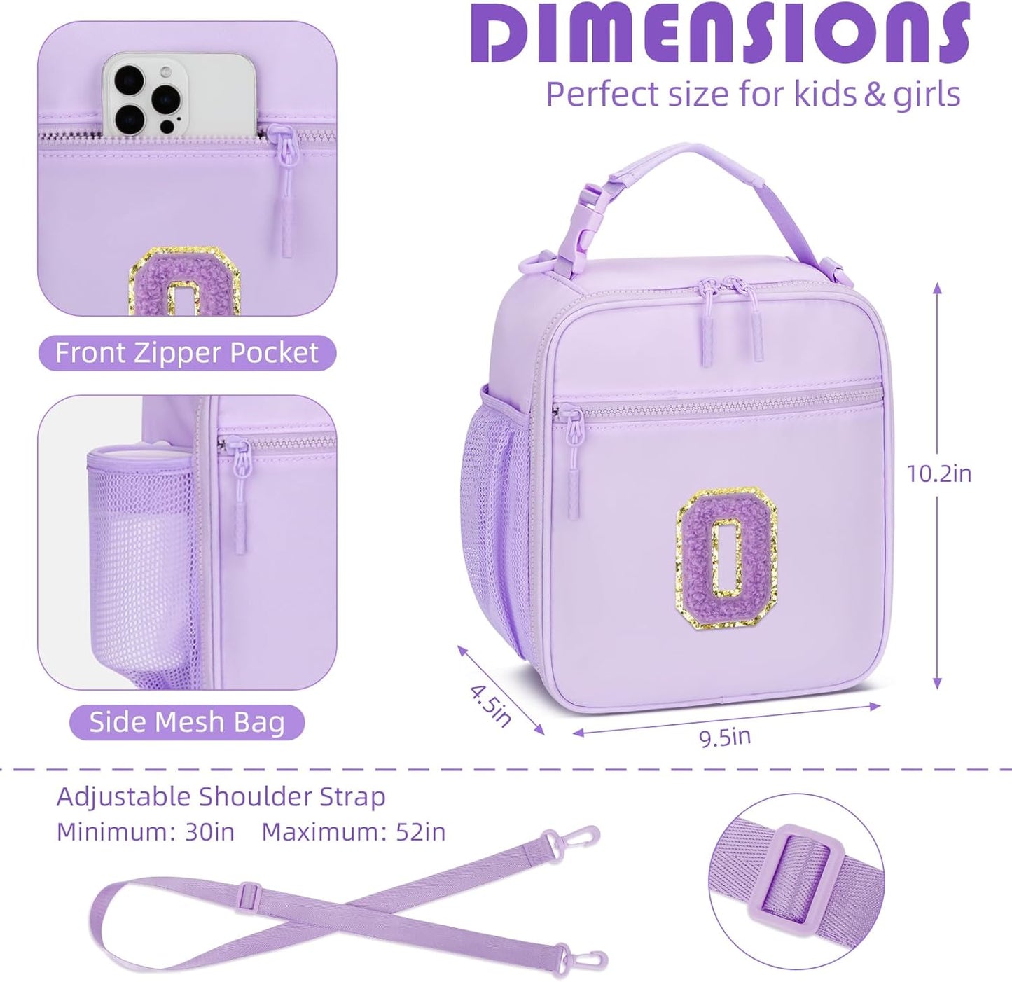 Initial Insulated Lunch Bag for Girls Kids, Back to School Gift, Reusable Leak-proof Lunch Box with Adjustable Strap for School Daycare Travel Picnic (Purple,O)