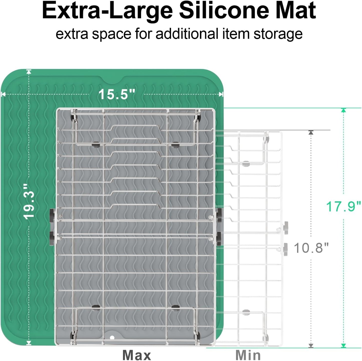 GSlife Stainless Steel Dish Drying Rack - Capacity Expandable in Sink Dish Drainer with Silicone Mat, Over Sink Dish Rack with Utensil Holder for Kitchen Counter, 10.8"-17.9" L x 12.8" W, Silver