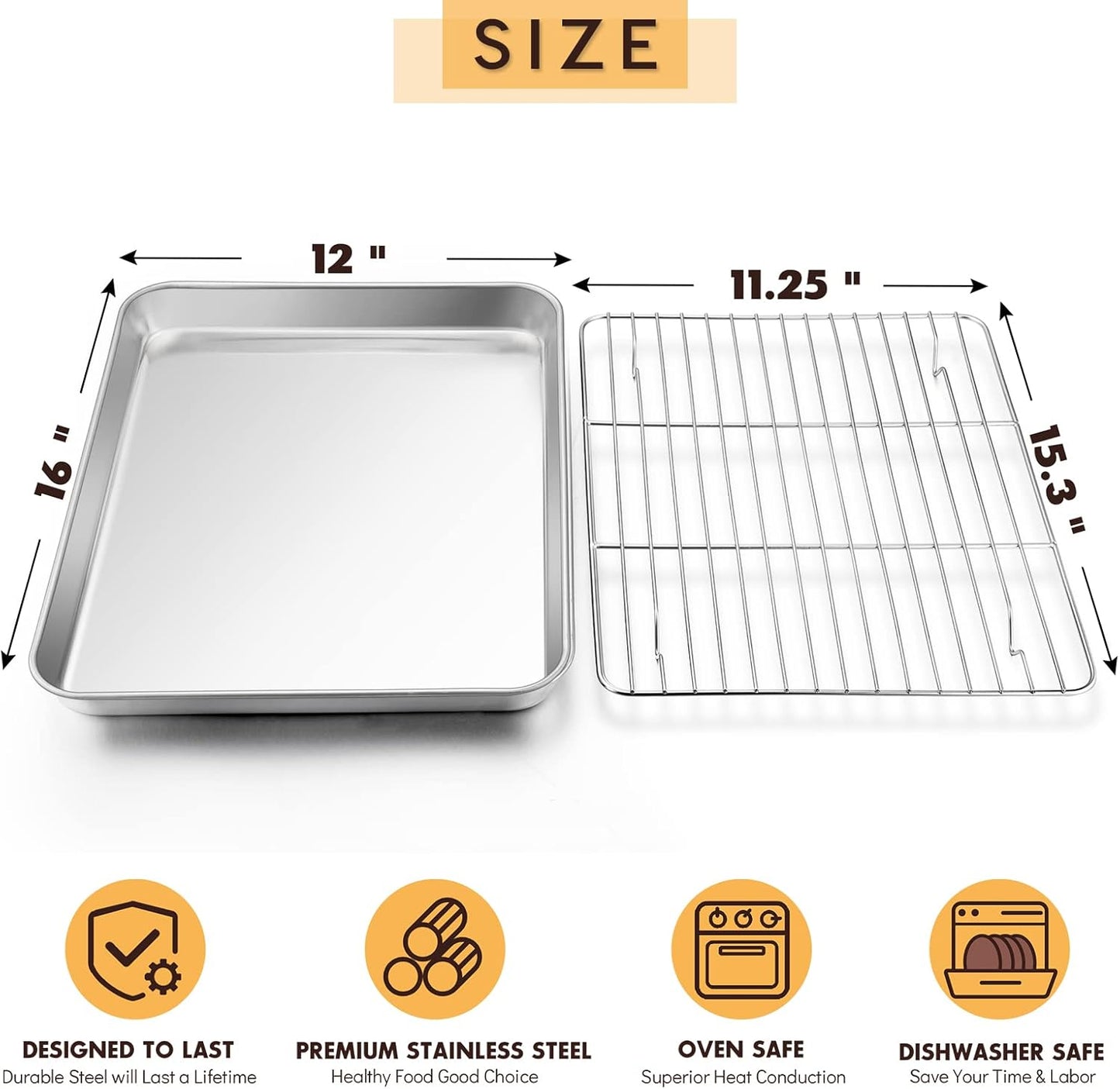 Baking Sheet with Rack Set, E-far 16”x12” Stainless Steel Cookie Sheet Pan for Oven, Rimmed Metal Tray with Wire Cooling Rack for Cooking Roasting Resting Bacon Meat Steak - Dishwasher Safe