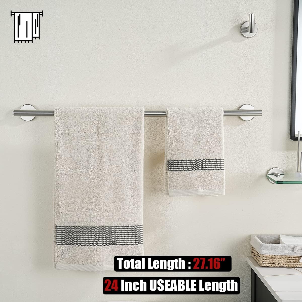 JQK Bath Towel Bar, 27 Inch 304 Stainless Steel Thicken 0.8mm Towel Rack Bathroom, Towel Holder Brushed Finished Wall Mount, Useable Length 24 Inch 2 Pack, TB110L24-BN-P2