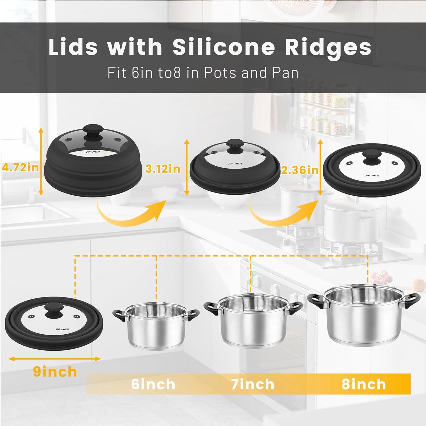 Collapsible Microwave Splatter Cover - Vented Silicone & Glass Lid with Easy-Grip Handle, Fits 6 to 8 Inch Plates & Bowls, 9 Inch Diameter, Prevents Splatters & Ensures Even Heating