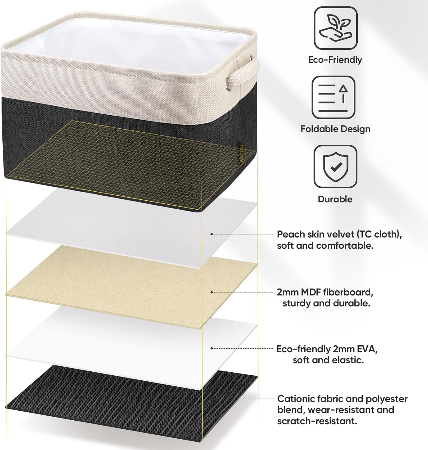 BALEINE 1 Pack Fabric Storage Bins for Shelves, Linen Storage Baskets for Organizing, Decorative Closet Bins for Clothes, Home (Black, 12"x8"x8")