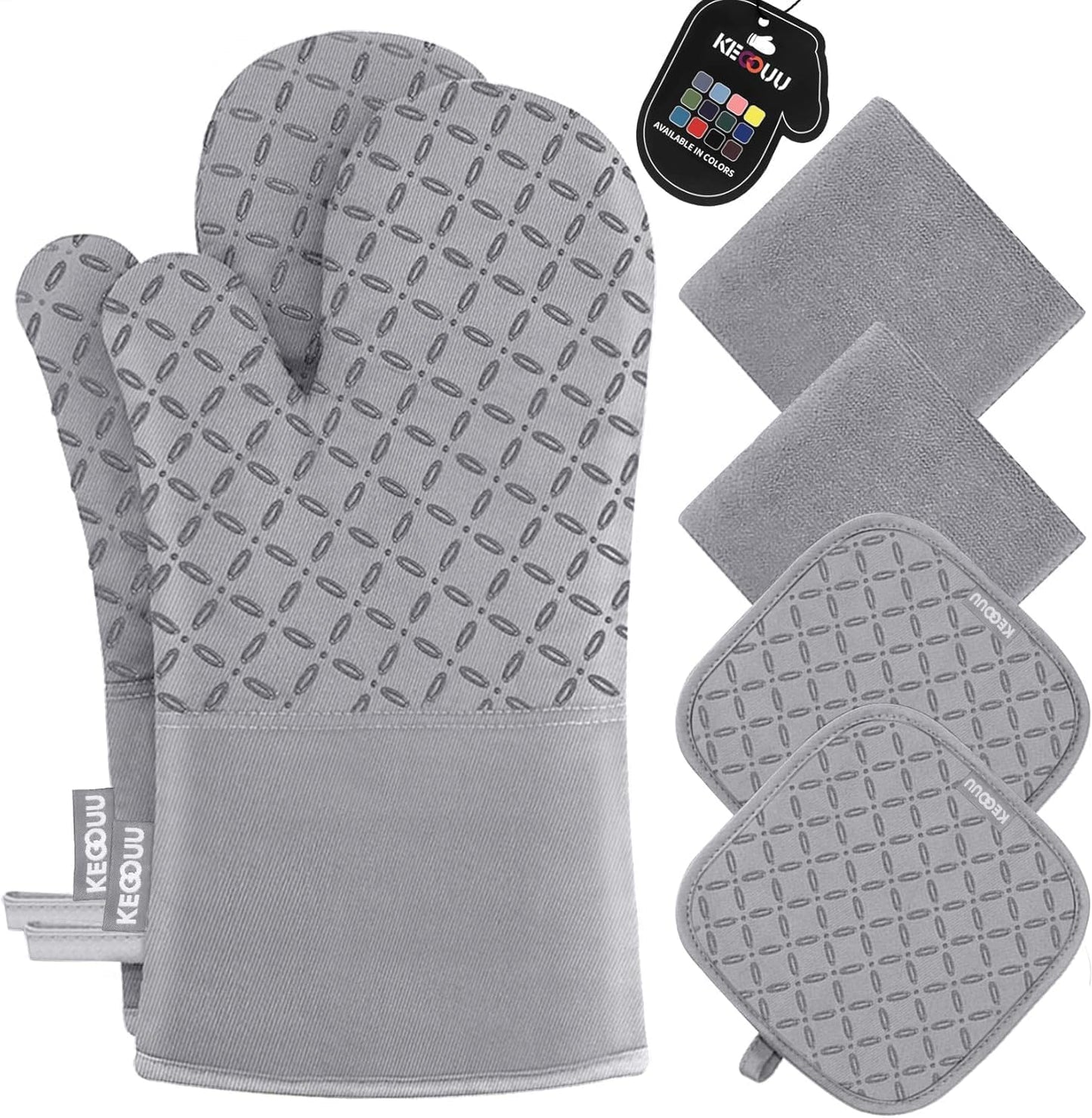 KEGOUU Oven Mitts and Pot Holders 6pcs Set, Kitchen Oven Glove High Heat Resistant 500 Degree Extra Long Oven Mitts and Potholder with Non-Slip Silicone Surface for Cooking (Light Gary)
