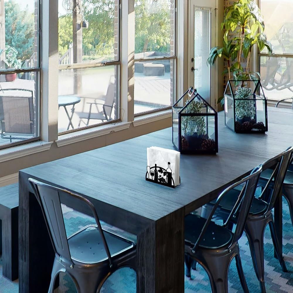 Grape Wine and Glass Decorative Black Metal Napkin Holder for Table, 4.9" x 4.9" x 1.9" Standing Napkin Holder for Home Kitchen Restaurant Picnic Party Coffee Bar Dining Room