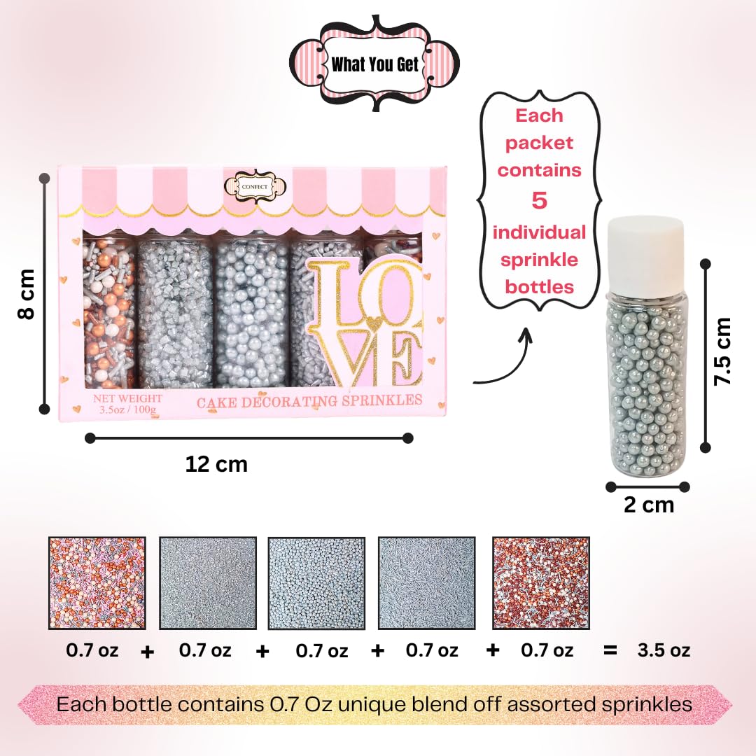 Confect Edible Cake Sprinkles Mix – Silver, Bronze & White Pearls, Silver Jimmies, Sparkling Sugar – Dessert Toppings for Cakes, Cupcakes, Cookies & Baking Decoration | Vegan, Gluten-Free, Nut-Free, Soy-Free, Dairy-Free, Palm Oil-Free- 5 Oz