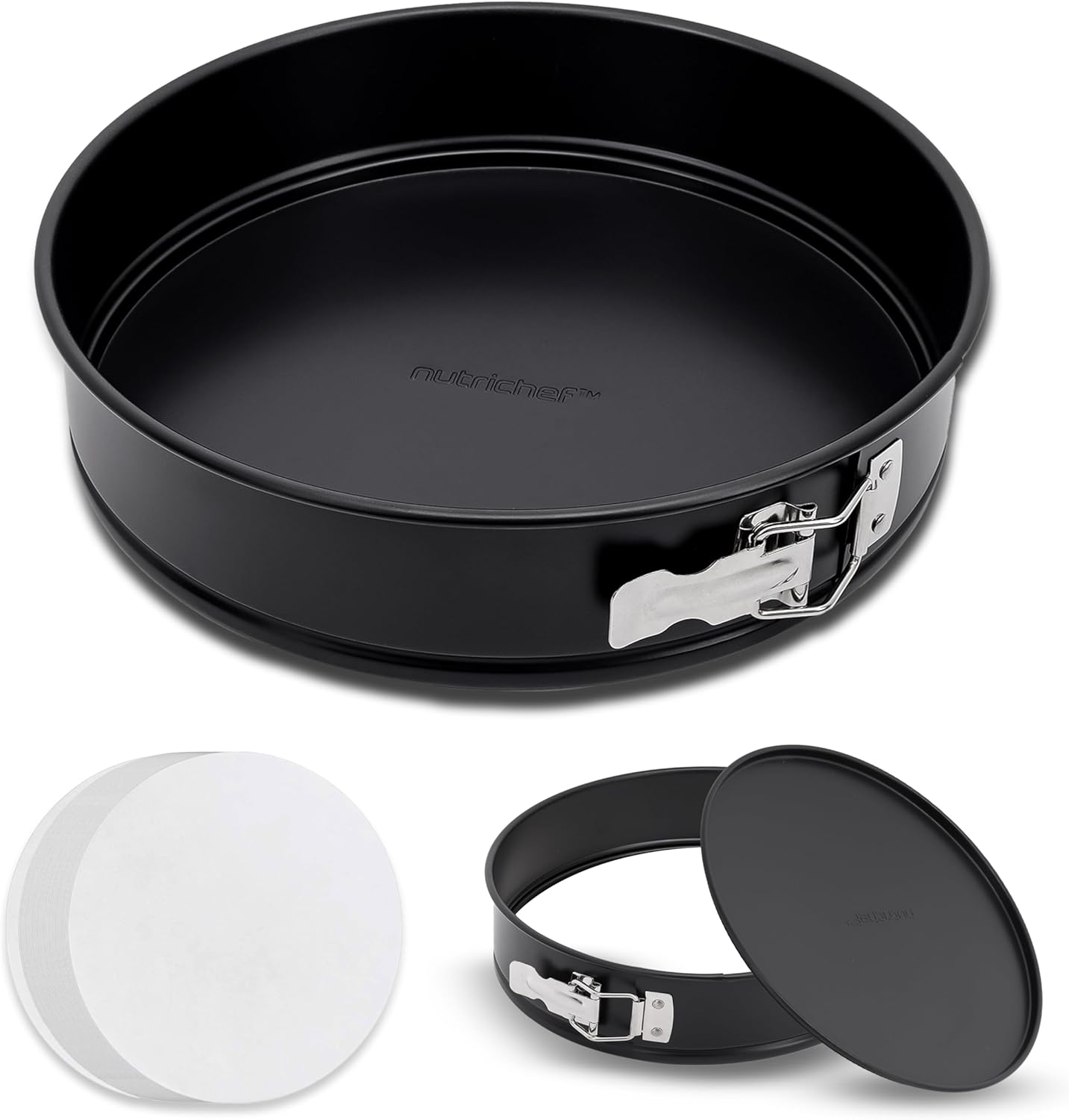 NutriChef 9 Inch Nonstick Cheesecake Springform Cake Pan | Stainless Steel Clasp & Removable Bottom | Durable Carbon Steel Cheesecake Pan | Easy to Clean | Includes 100 Parchment Papers | Black