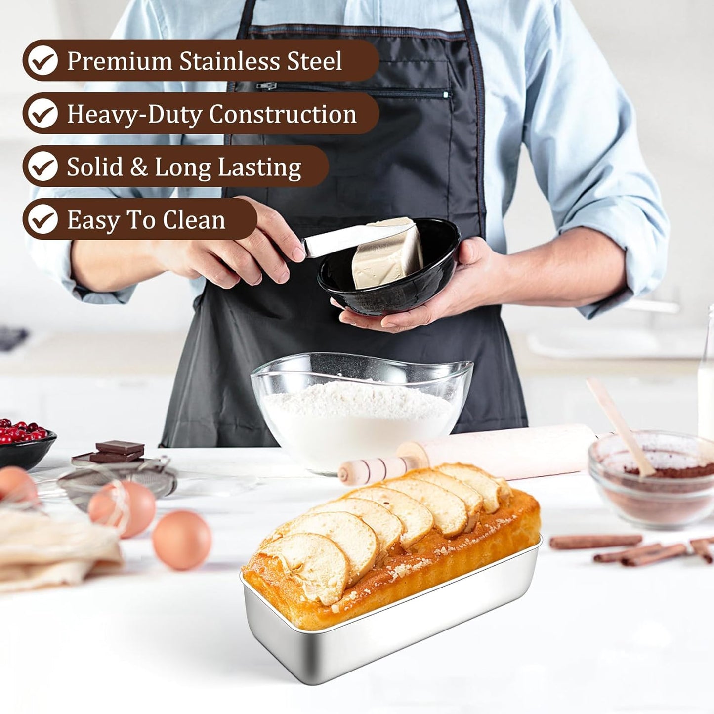 TeamFar Loaf Pan, 12 x 5 Inch Stainless Steel Loaf Pans for Baking Bread, Large Bread Loaf Baking Pan for Homemade Bread, Meatloaf, Cake, Brownies, Non-Toxic, Heavy-duty, Oven & Dishwasher Safe