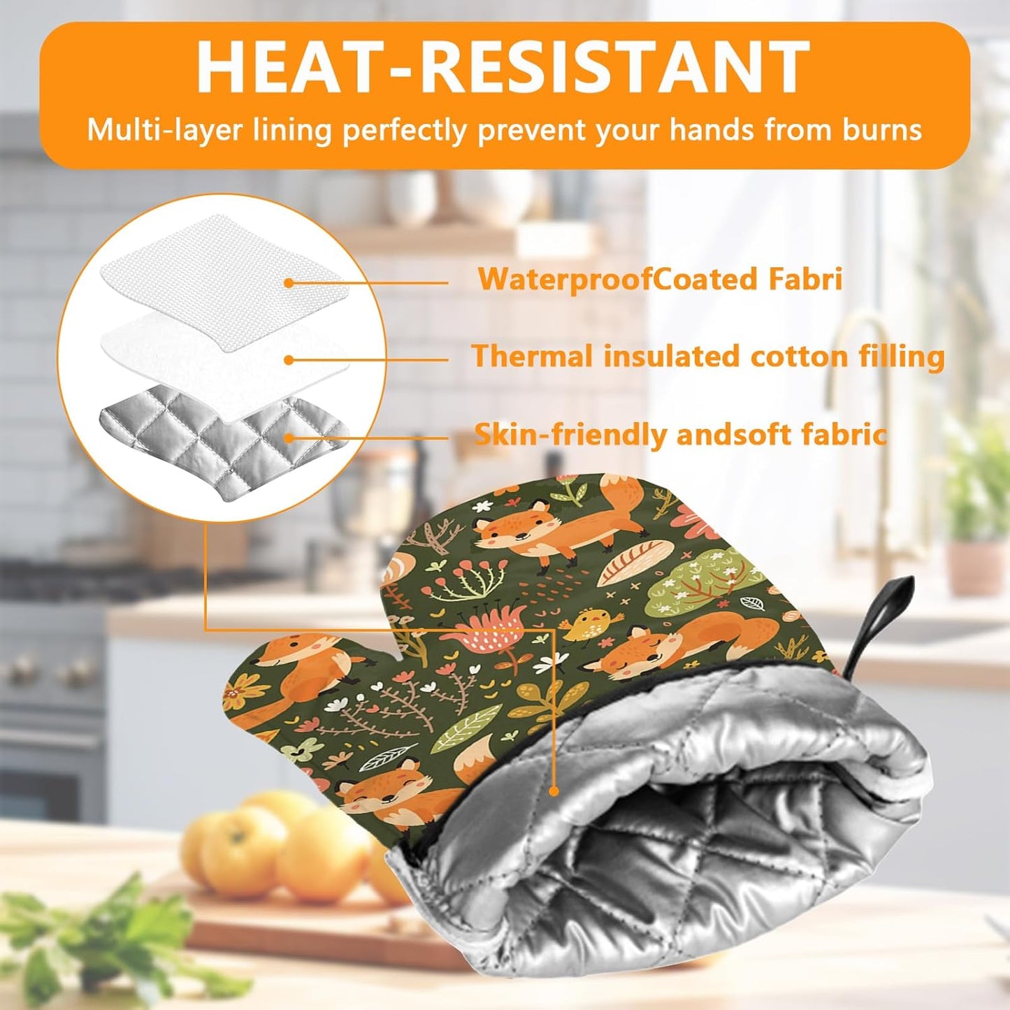 Fox Oven Mitts and Pot Holders Sets 4Pcs,Extra Long Oven Gloves Potholder for Kitchen Cooking Baking BBQ 100% Cotton Heat Resistant