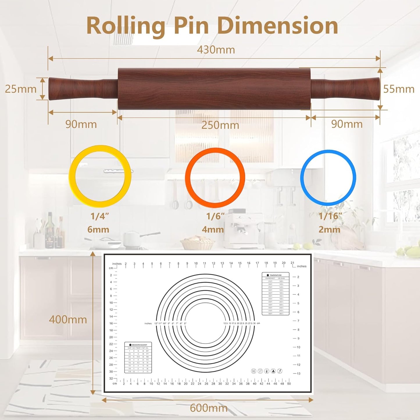 Classic Wooden Rolling Pin with Handle and Pastry Mat for Fondant, Pizza, Pies, Cookies,Rolling Pin for Baking with 3 Multi-Color Thickness Rings,17" x 2.5" (Include handle)