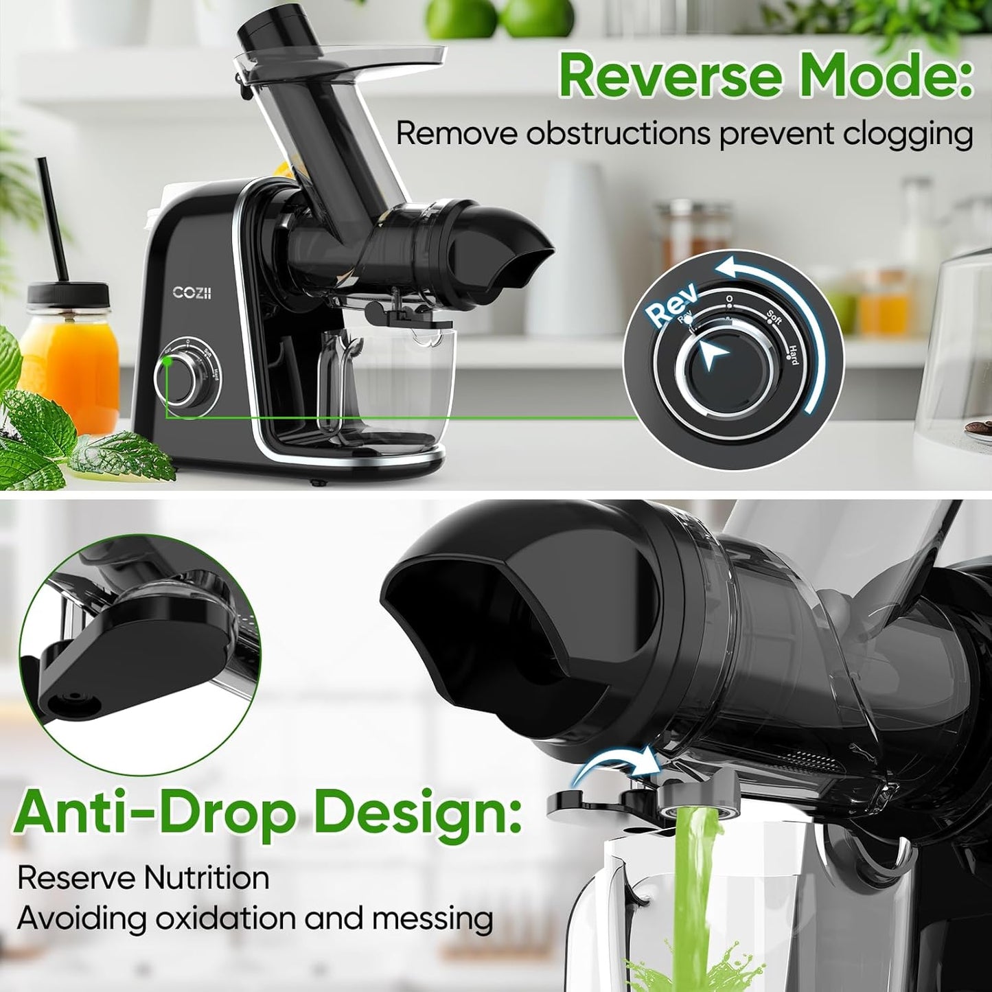 COZII Cold Press Juicer,Slow Masticating Juicer Extractor Soft/hard Mode & Quiet Motor,3.6 Inch Large Feed Chute For Vegetable and Fruit,Easy to Clean Juicer Machines,Dishwasher Safe,High Juice Yield