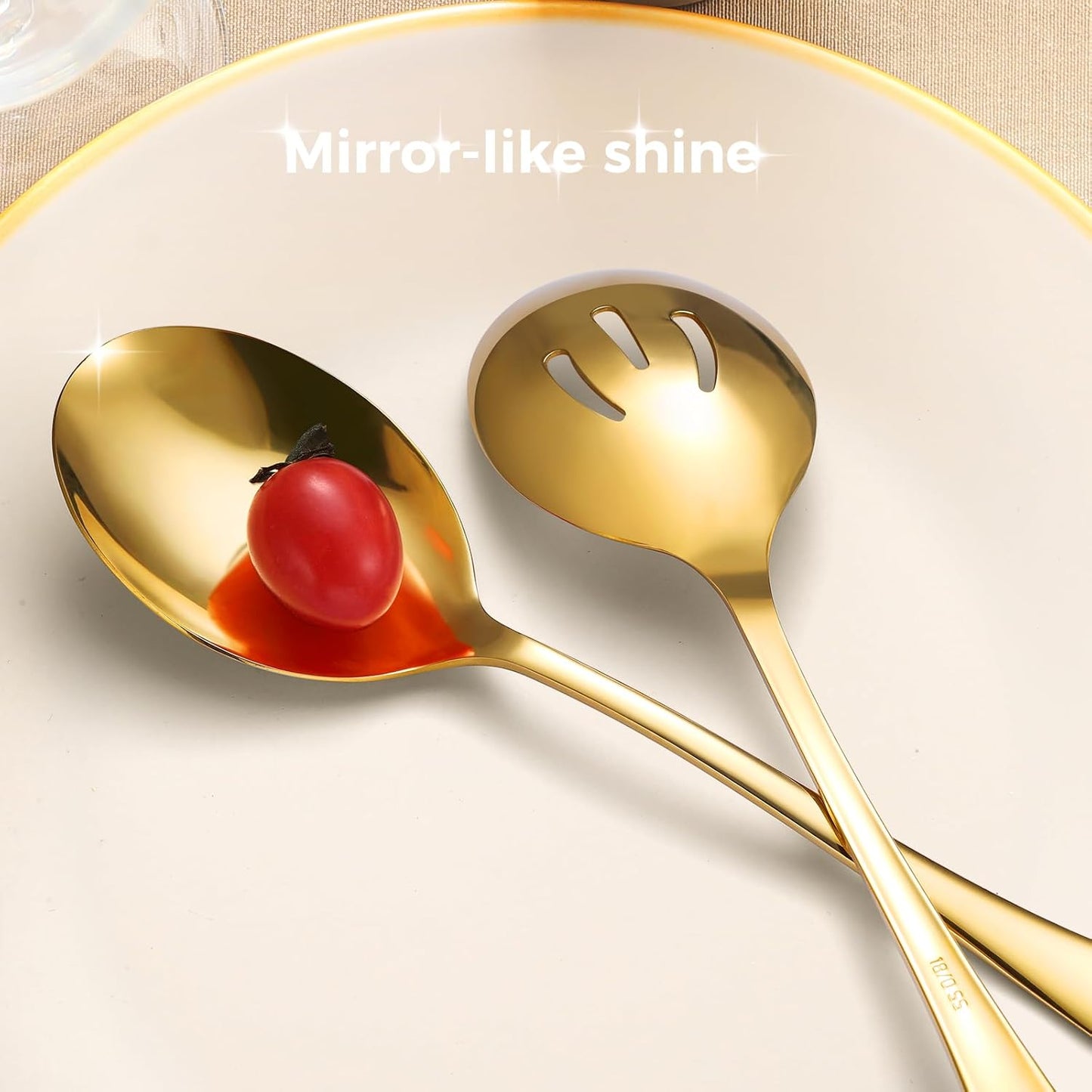 Gold Large Serving Spoons, 8 Pieces Large Stainless Steel Serving Spoons Set Includes 4 Large Serving Spoon,4 Large Slotted Spoons. Serving Spoons for Parties/Buffet, Dishwasher Safe, 10-Inch