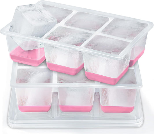 Ice Cube Trays 2 Pack, JRISBO Large Silicone Ice Cube Molds with Leak-Proof Lid, Transparent TPE Frame & Easy Release Bottom, Stackable Freezer Ice Trays for Whiskey, Cocktails, Soup, BPA Free