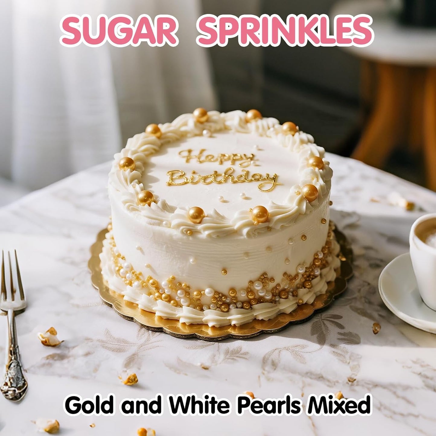 Edible Pearl Sprinkles,White Gold Candy Mixing Size,Baking Pearls Sprinkle Edible Cake Decorations Cupcake Toppers, Cookie Decorating Celebrations Wedding Valentines Easter Halloween Christmas Supplies 130g/ 4.58oz