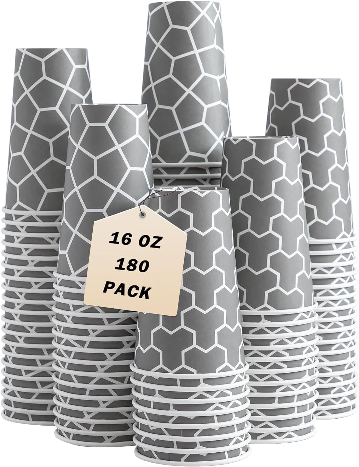 16 oz Coffee Cups 180 Pack, Disposable Coffee Cups Hot Paper Cups 16 oz, Insulated Paper Coffee Cup for Hot Cold Drinks