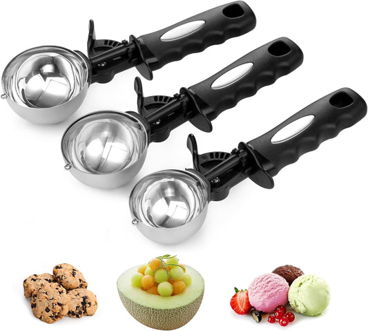 Ice Cream Scoop Set, Cookie Scoop set of 3, 3.25 Tbsp/ 4.9 Tbsp / 6 Tbsp Ice Cream Spoon with Trigger, Cookie Dough Scoop, Portion Scoop 1.63 oz, 2.45 oz, 3oz