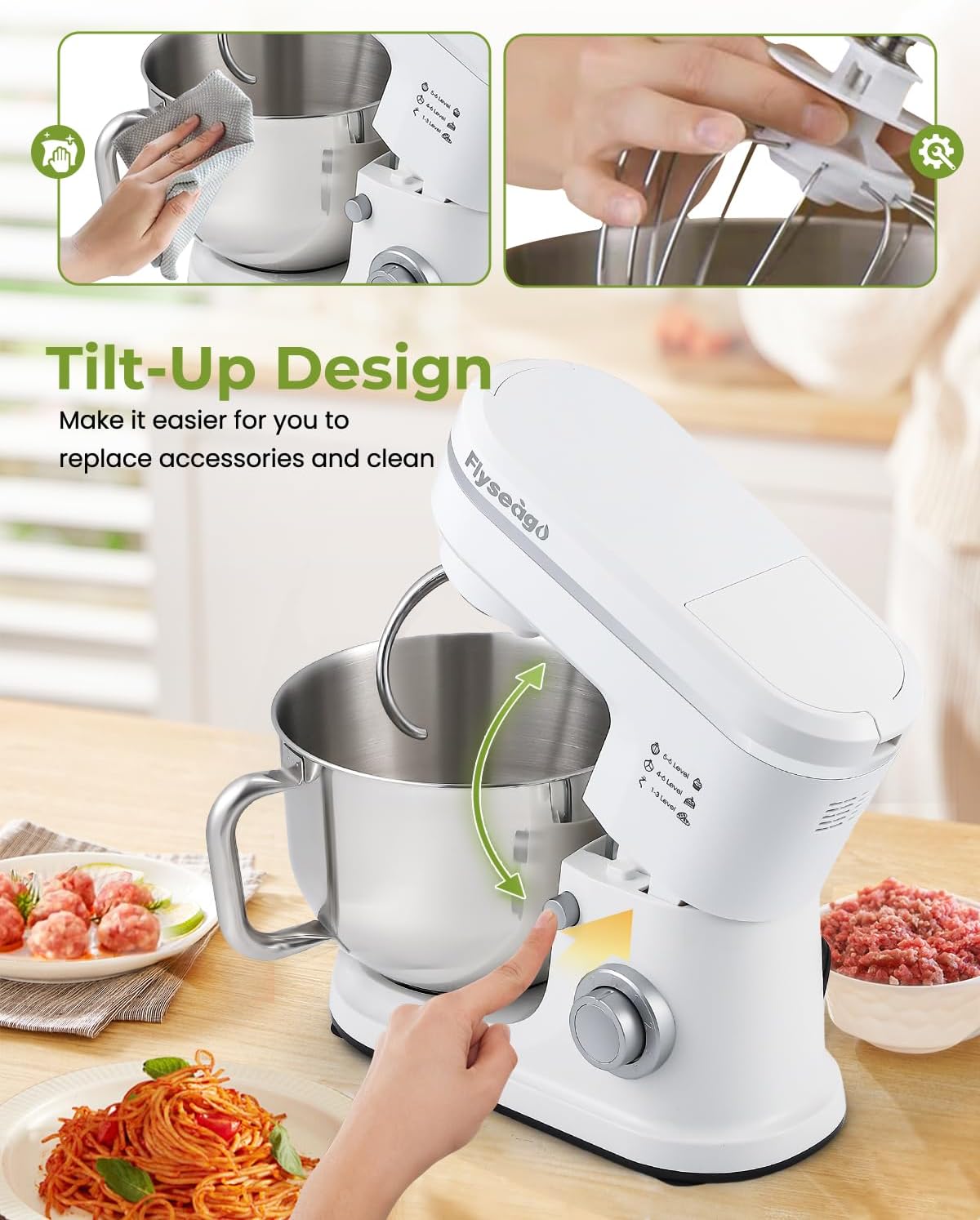 Stand Mixer 7-IN-1 1500W 6.5 QT Multifunctional Electric Kitchen Mixer 6+P Speed Tilt-Head with Stainless Steel Bowl&Handle, 1.5L Glass Jar, Meat Grinder, Dough Hook, Whisk, Pasta Attachments