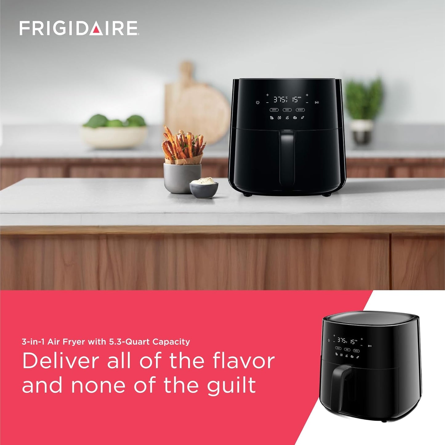 Frigidaire 3-in-1 Air Fryer, Large 5.3 QT Capacity, Digital Display, 3 Cooking Modes, 5 Recipe Presets, Automatic Shake Reminder, PFAS-Free Cooking Surfaces, Black