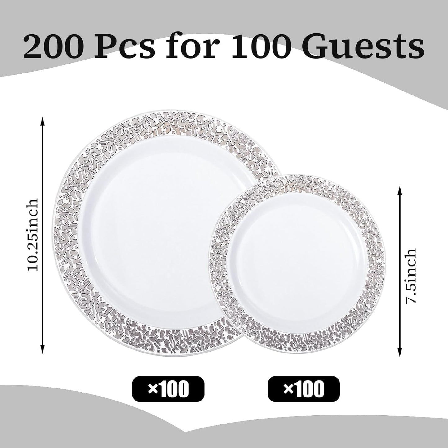 I00000 200 Pieces Silver Plastic Plates, Disposable Plastic Plates for 100 Guests Include: 100 Pcs Dinner Plate 10.25” and 100 Pcs Dessert Plate 7.5” with Silver Lace Rim Perfect for Wedding & Party