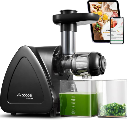 Juicer Machine, Aobosi Slow Masticating Juicers, Cold Press Juicer Machines with Reverse Function, Quiet Motor, High Juice Yield with Juice Jug & Brush for Cleaning (Matte Black)