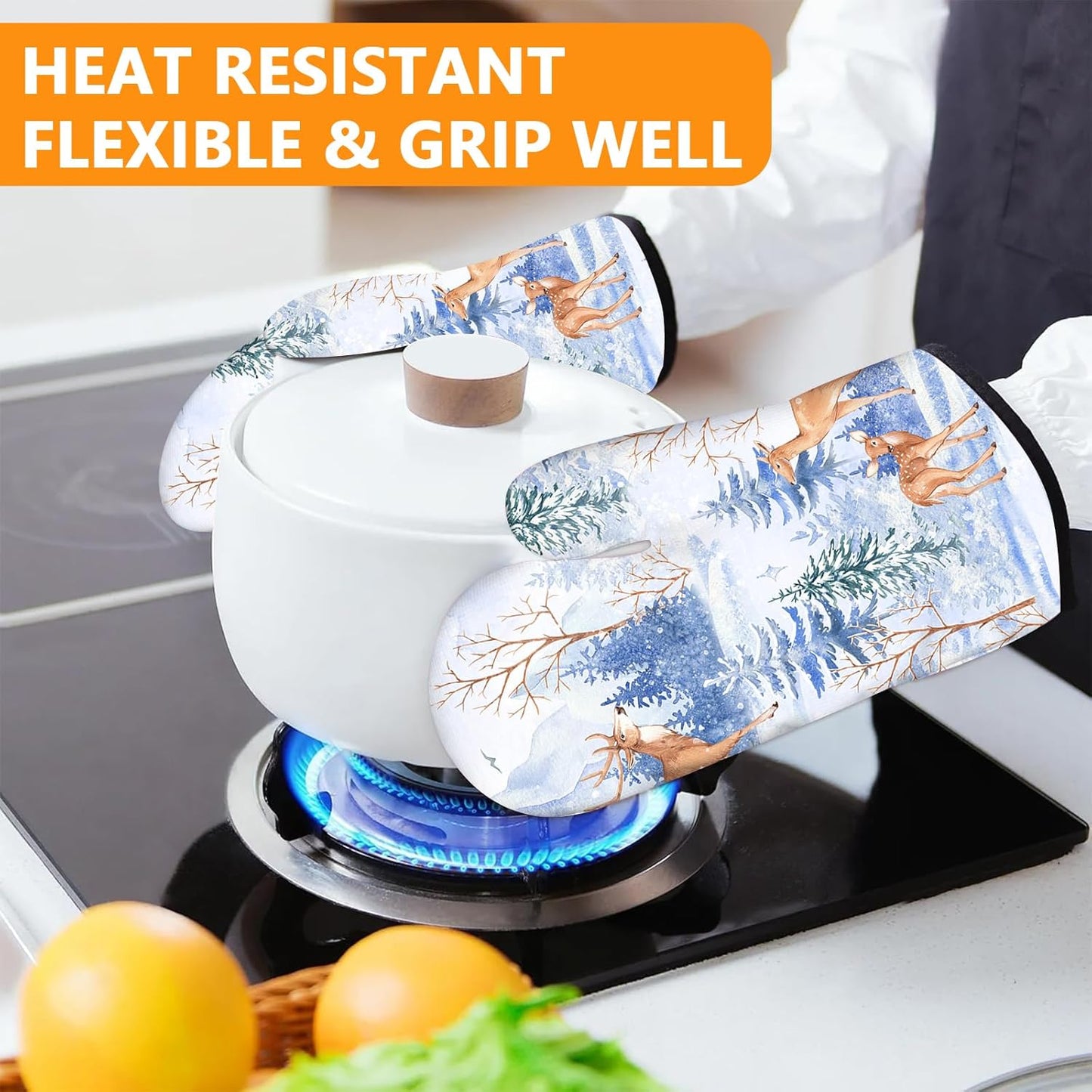 Deer Mitts and Pot Holders Sets 4Pcs,Extra Long Oven Gloves Potholder for Kitchen Cooking Baking BBQ 100% Cotton Heat Resistant