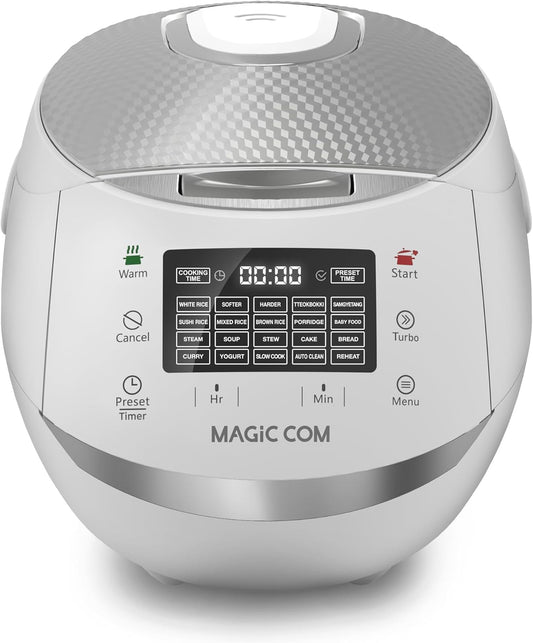 MAGiC COM Rice Cooker, 10 Cup(Uncooked) 20 Cup(Cooked) One Touch Healthy Cooking with 15 Menu Modes, Nonstick Inner Pot, Steamer Basket, Auto Clean, 24 Hour Delay Timer and Auto Keep Warm(White)