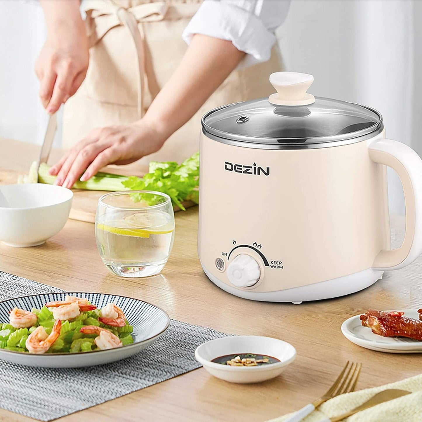 Dezin Electric Pot, 1.6L Ramen Cooker, Hot Pot Electric Stainless Steel, Multifunctional Cooker for Egg, Pasta, Soup, Porridge, Oatmeal with Temperature Control and Keep Warm Function