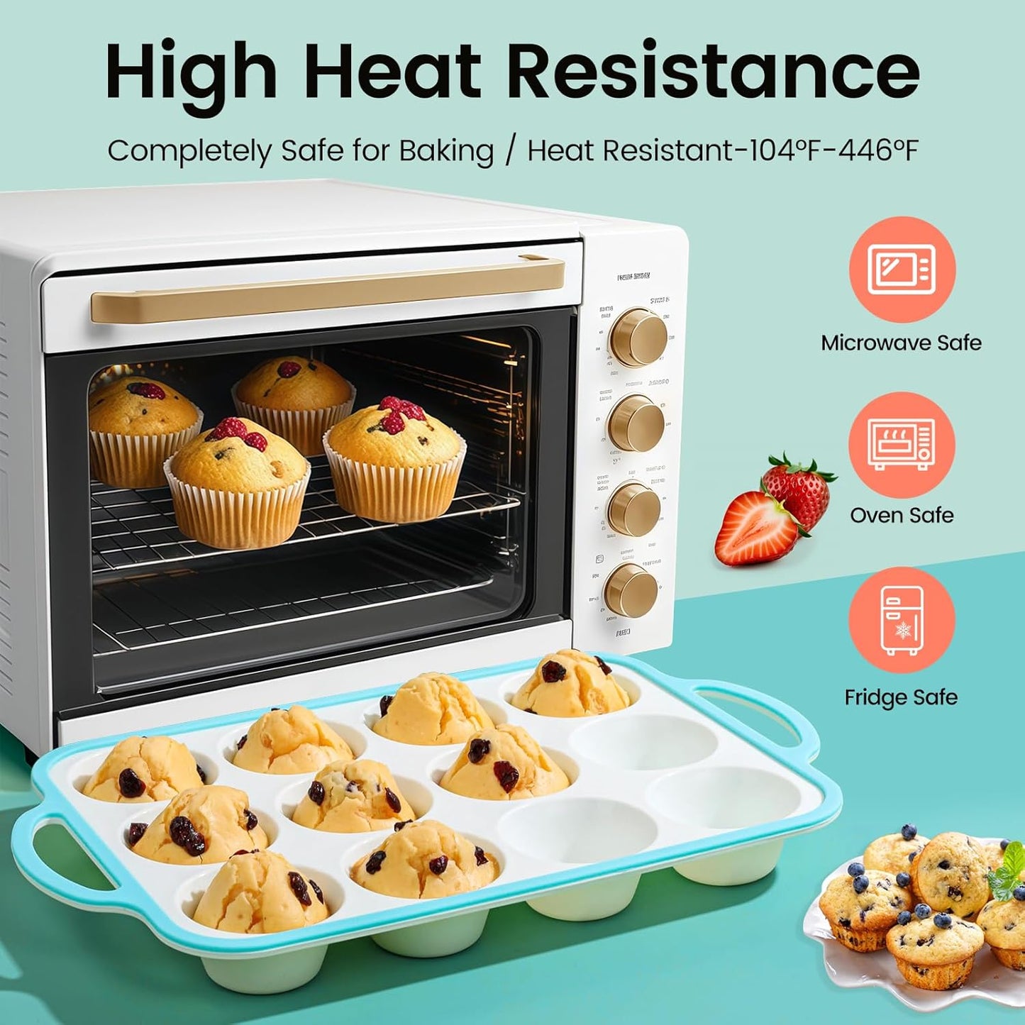 Silicone Muffin Pans for Baking 2 Pack, 2.6 Inch with Metal Reinforced Frame, Regular Size Nonstick Cupcake Pan 12 Cups for Baking Homemade Muffins, Dishwasher Safe BPA Free-Blue