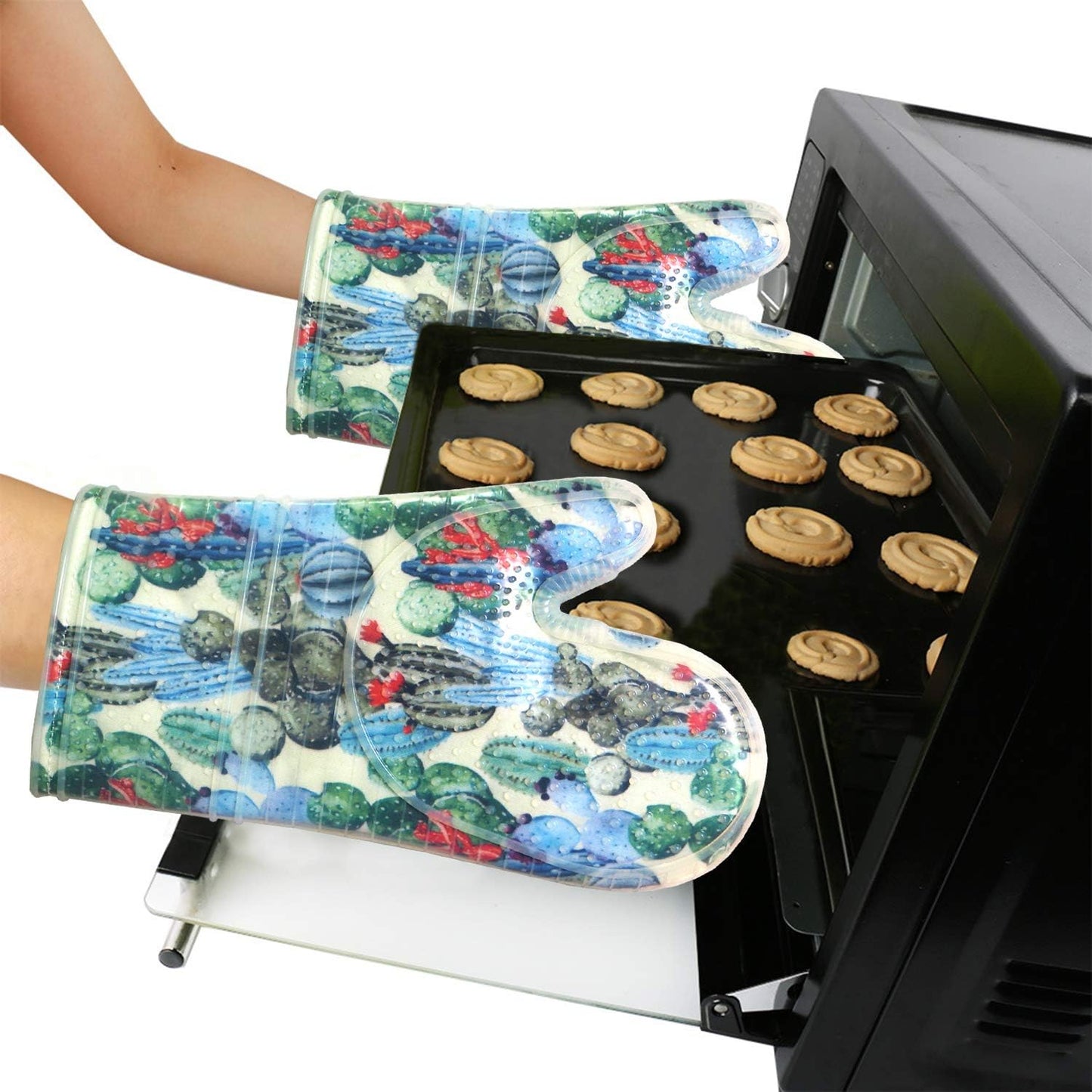 Oven Mitts Set of 2 with Transparent Clear Silicone Shell and Nice Fruit Flower Cotton Lining, Heat Resistant to 500 F Kitchen Oven Gloves Pot Holder for Cooking (Fruit Flower, Oven Mitts)