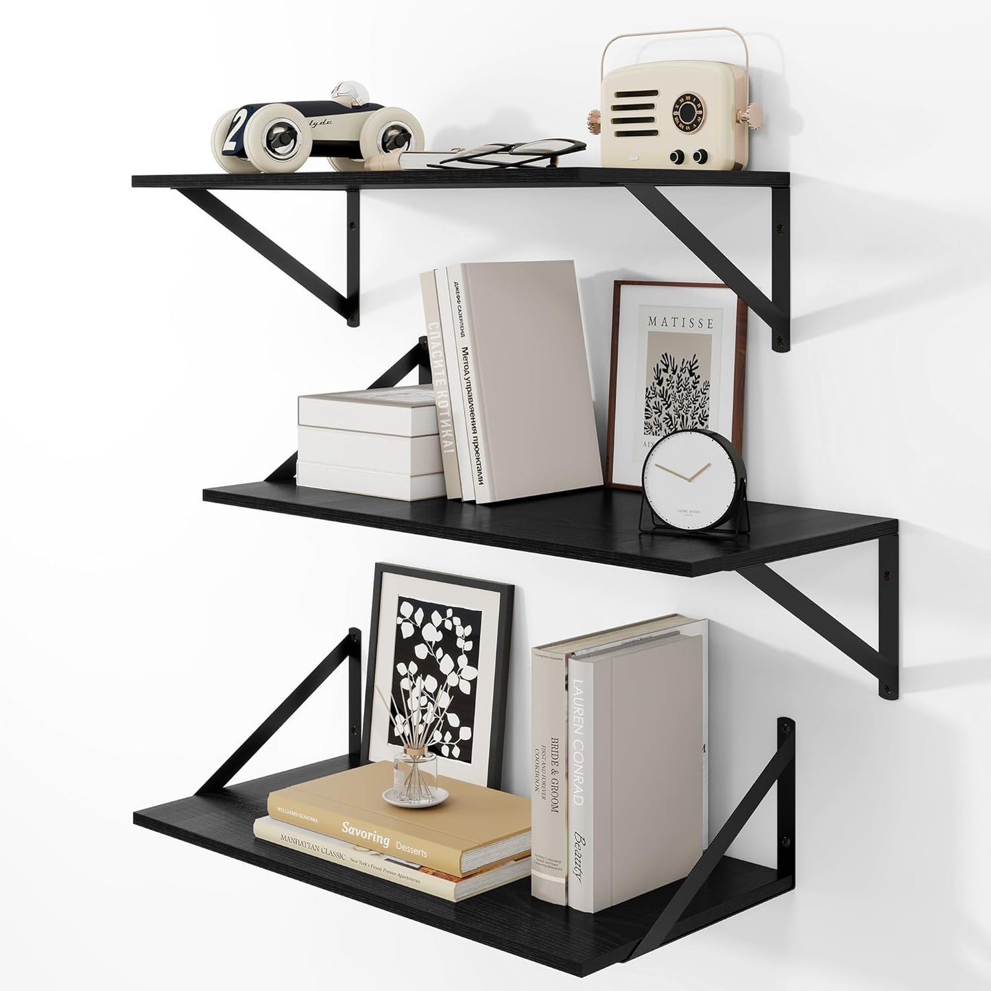 Heimlove 24" W x 12" D Wall Shelves for Books, 12 Inch Deep Floating Shelves Set of 3, Wide Floating Bookshelf with Metal Bracket for Living Room, Kitchen, Office, Bedroom and Decor Storage - Black