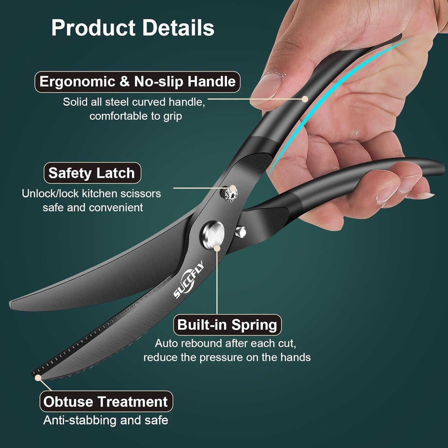 Kitchen Shears Heavy Duty, Premium Kitchen Scissors Stainless Steel, 8.8" Poultry Shears Ultra Sharp for Bone Chicken Meat, Food Scissors Anti-Slip Handle, Black Titanium Plated, Spring Loaded
