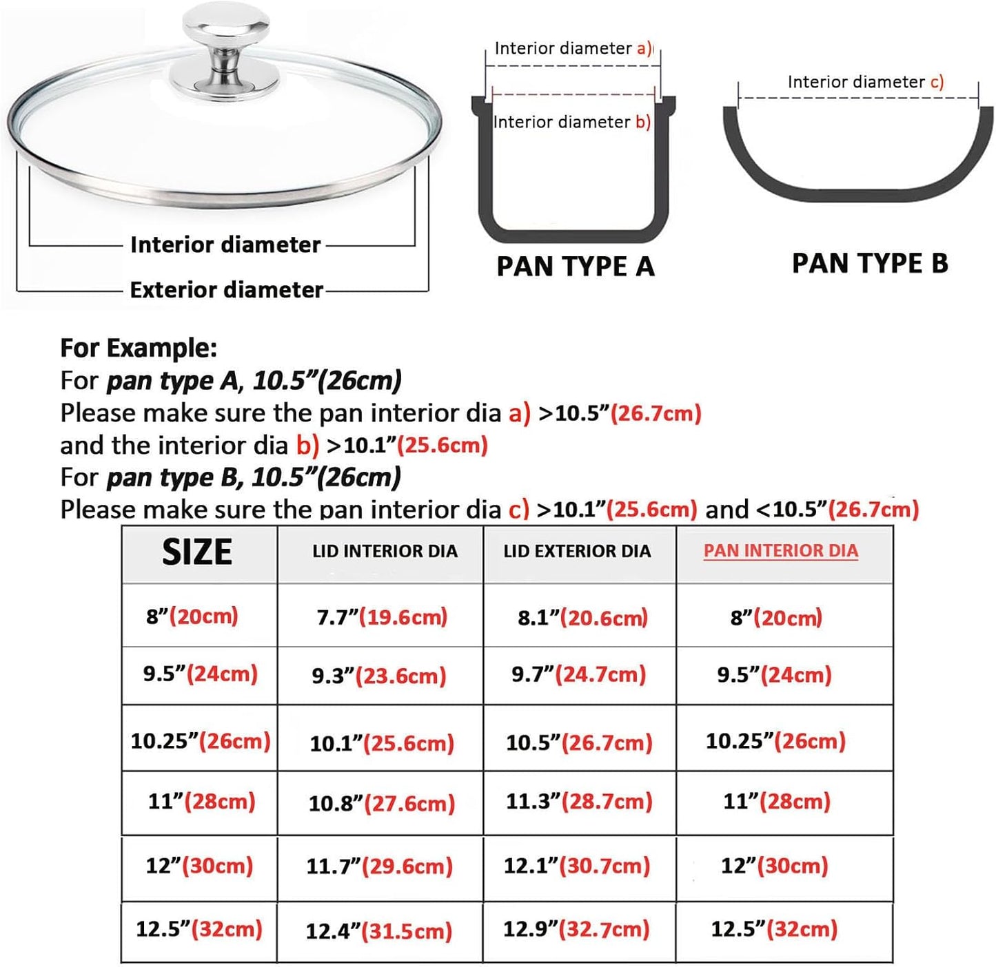Glass Lid for 10.25 Inch Stainless Steel Cast Iron Skillets Frying Pans, 26cm Tempered Lids for Dutch Ovens, 10.25 In Pan Cover with Stainless Steel Rim for Stock Pots, Dishwasher Safe