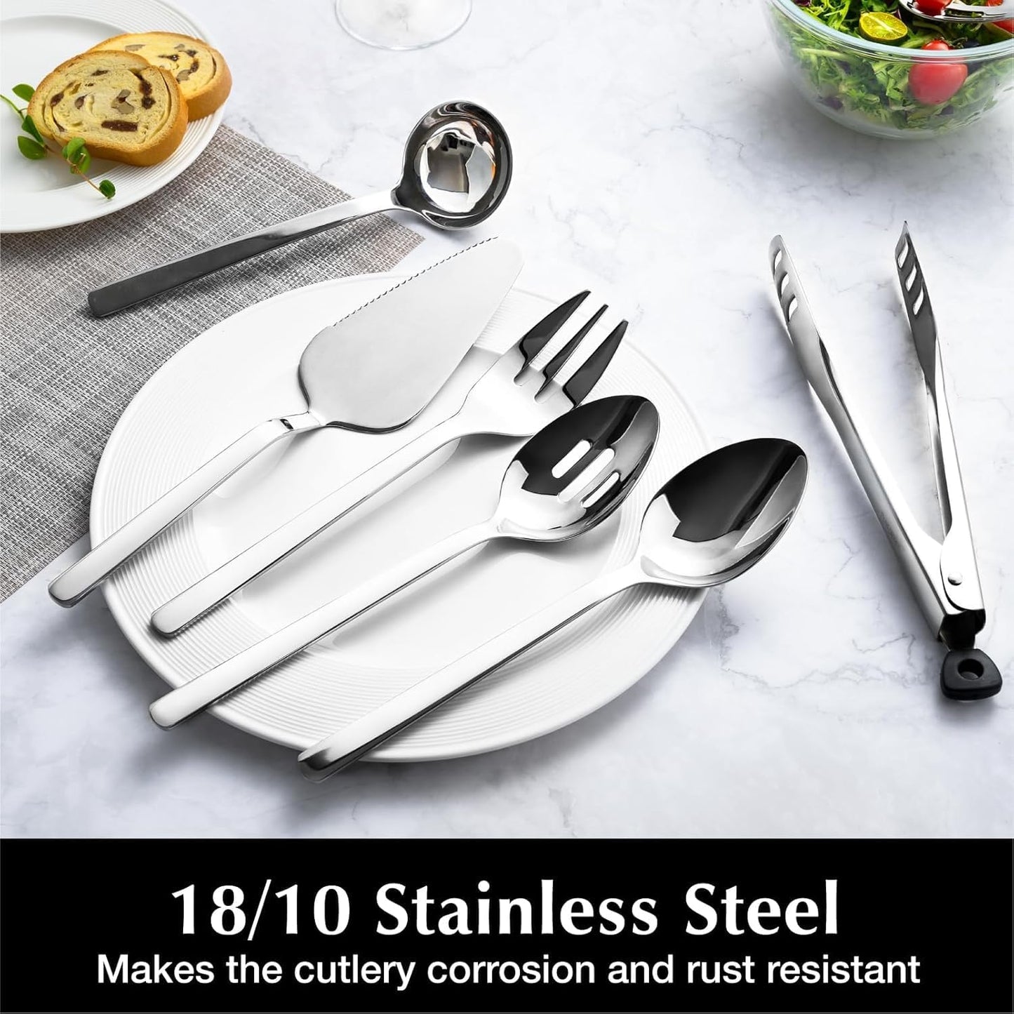 KINGSTONE Large Hostess Serving Utensils Set, 18/10 Stainless Steel -10 inch Serving Spoons, Slotted Spoons, Forks, Tongs, Cake Pie Server, Butter Knife, Sugar spoon for Buffet, Wedding, Party