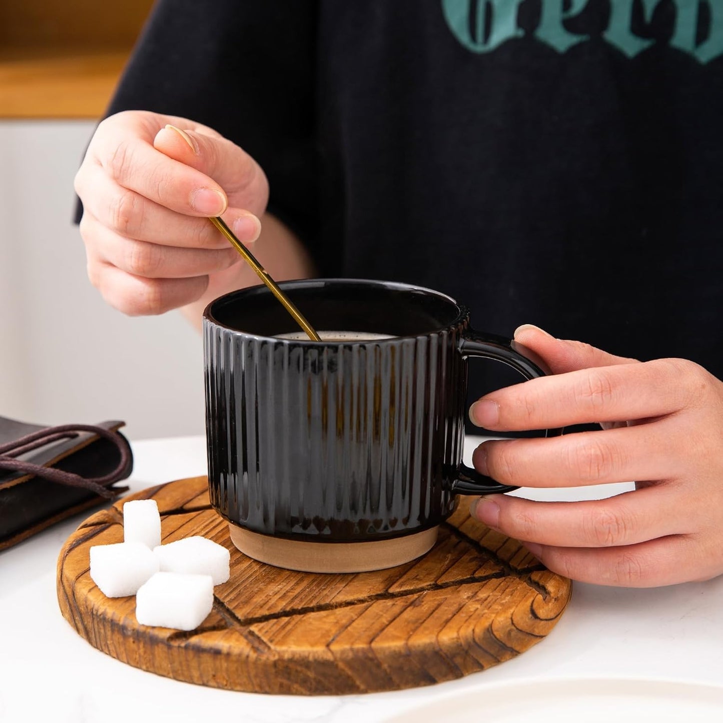 GBHOME 15OZ Stackable Coffee Mugs, Ceramic Coffee Mugs with Texture Patterns for Man,Woman,Dad,Mom, Modern Coffee Cups Set of 4 for Latte/Cappuccino/Cocoa. Dishwasher&Microwave Safe，Black