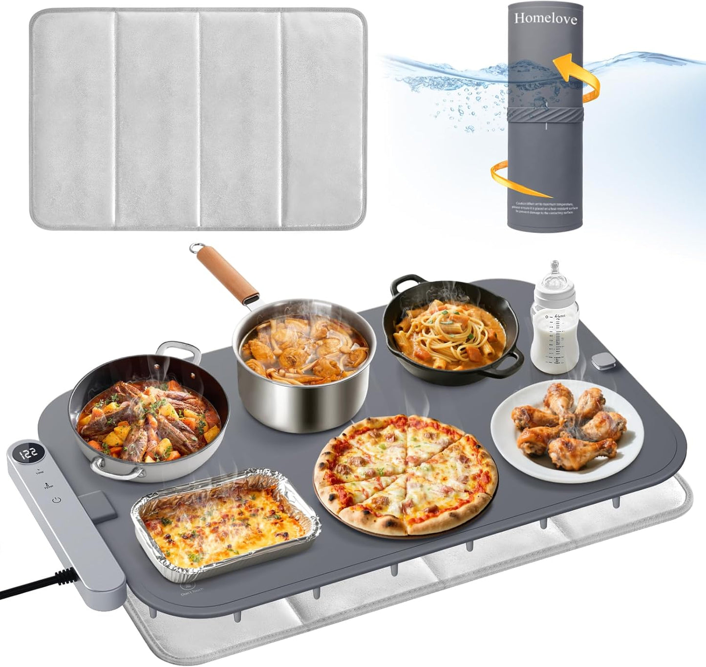 Homelove Food Warming Mat Waterproof - Electric Warming Tray with 6-Level Temperature and Hours Setting, Full Surface Graphene Heating, Dishwasher-Friendly Food Warmer Mat for Parties, Kitchen (Gray)