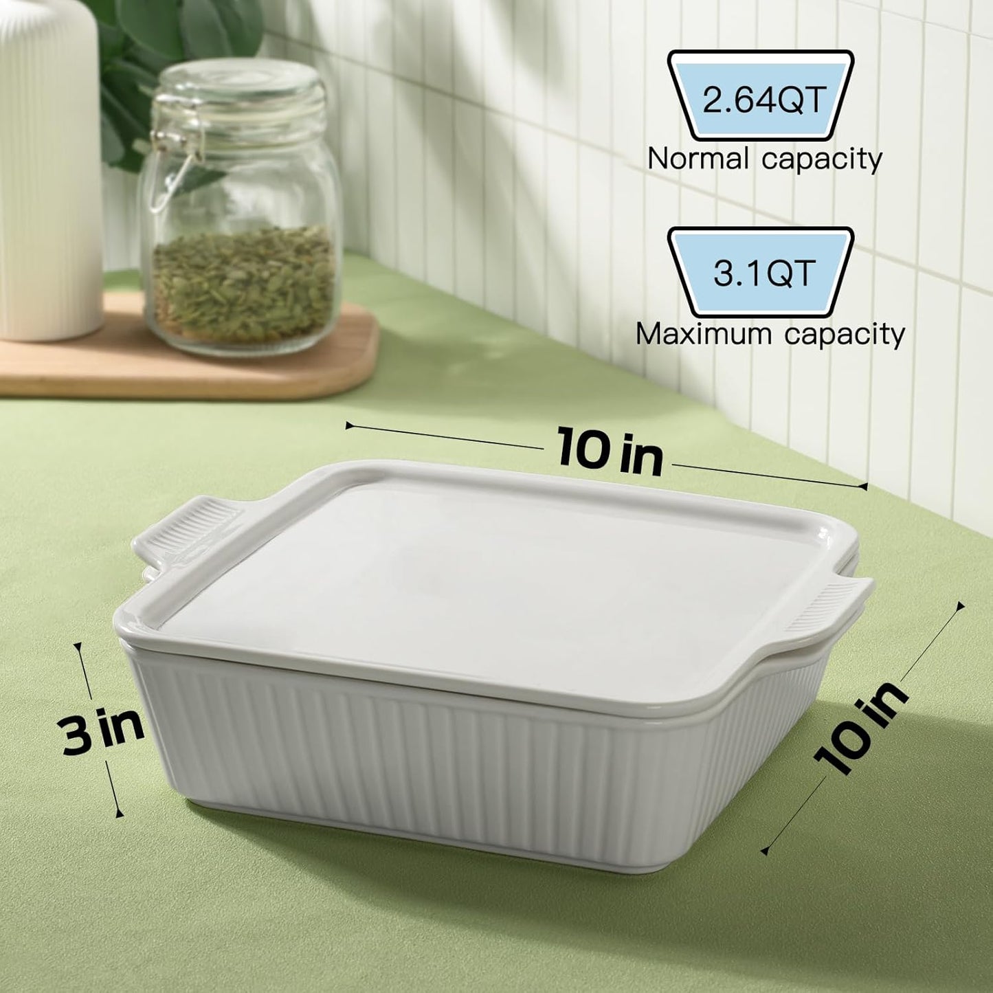 Dizada Casserole Dish for Oven with Lid, 10'' Square Baking Dish, Ceramic Baking Dish, Baking Pan with Handles, Lasagna Pan Bakeware Oven Safe Baking Dish for Oven, Cake, Kitchen, Microwave, Dishwasher Safe, White