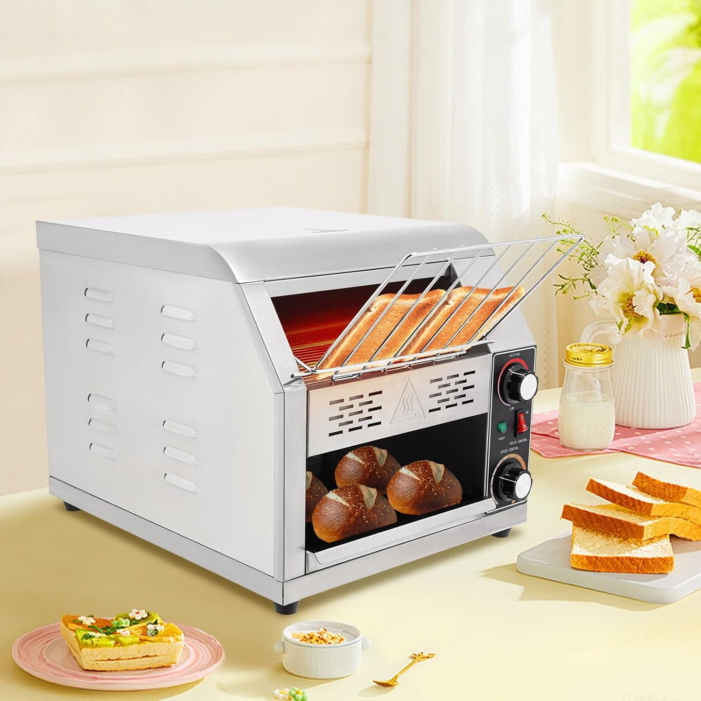 300 Slices/H Commercial Electric Conveyor Toaster Stainless Steel Bread Toaster For Bagel Burgers Bun Baked Food, 1900W Heavy Duty Restaurant Bakery