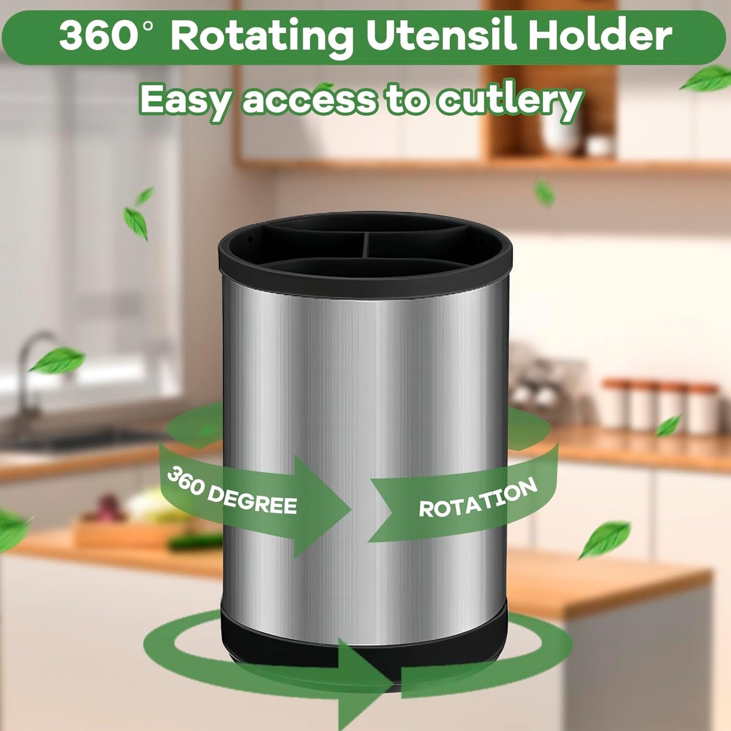 Kitchen Utensil Holder for Countertop, 360°Rotating Cooking Utensil Crocks，4 Compartment Stainless Steel Utensil Holder,6.7”Large Utensil Crock Spoon Fork Knife Holder For Kitchen Counter