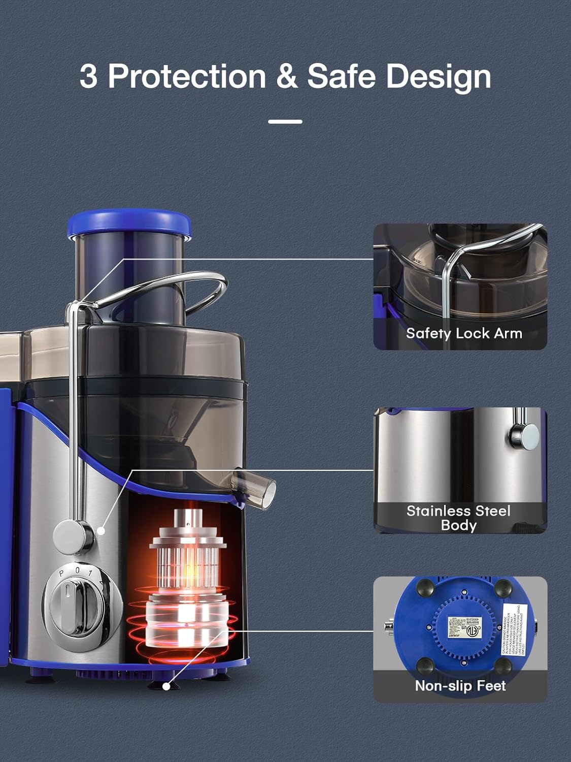 Juicer Machines, Juilist 3" Wide Mouth Juicer Extractor, for Vegetable and Fruit with 3-Speed Setting, 400W Motor, Easy to Clean, Blue