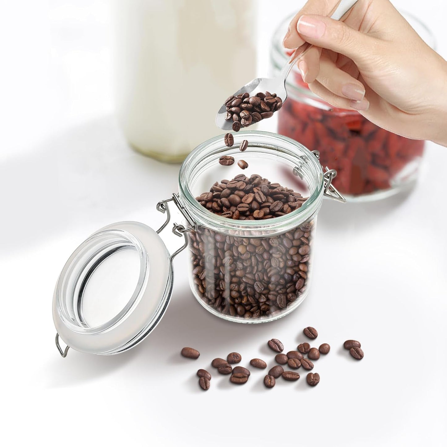 Glass Food Storage Jars with Airtight Lids 10 oz Cylinder 4 Pack Kitchen Storage Containers Small Cabinet Canisters Sealed Pot Canning for Pasta, Cereal, Coffee, Beans, Spice