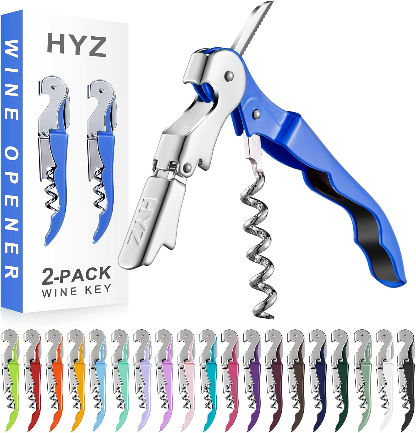 HYZ 2-Pack Wine Opener Waiter Corkscrew, Professional Wine Key for Servers, Bartender with Foil Cutter, Manual Wine Bottle Opener Double Hinged (Azure Blue)