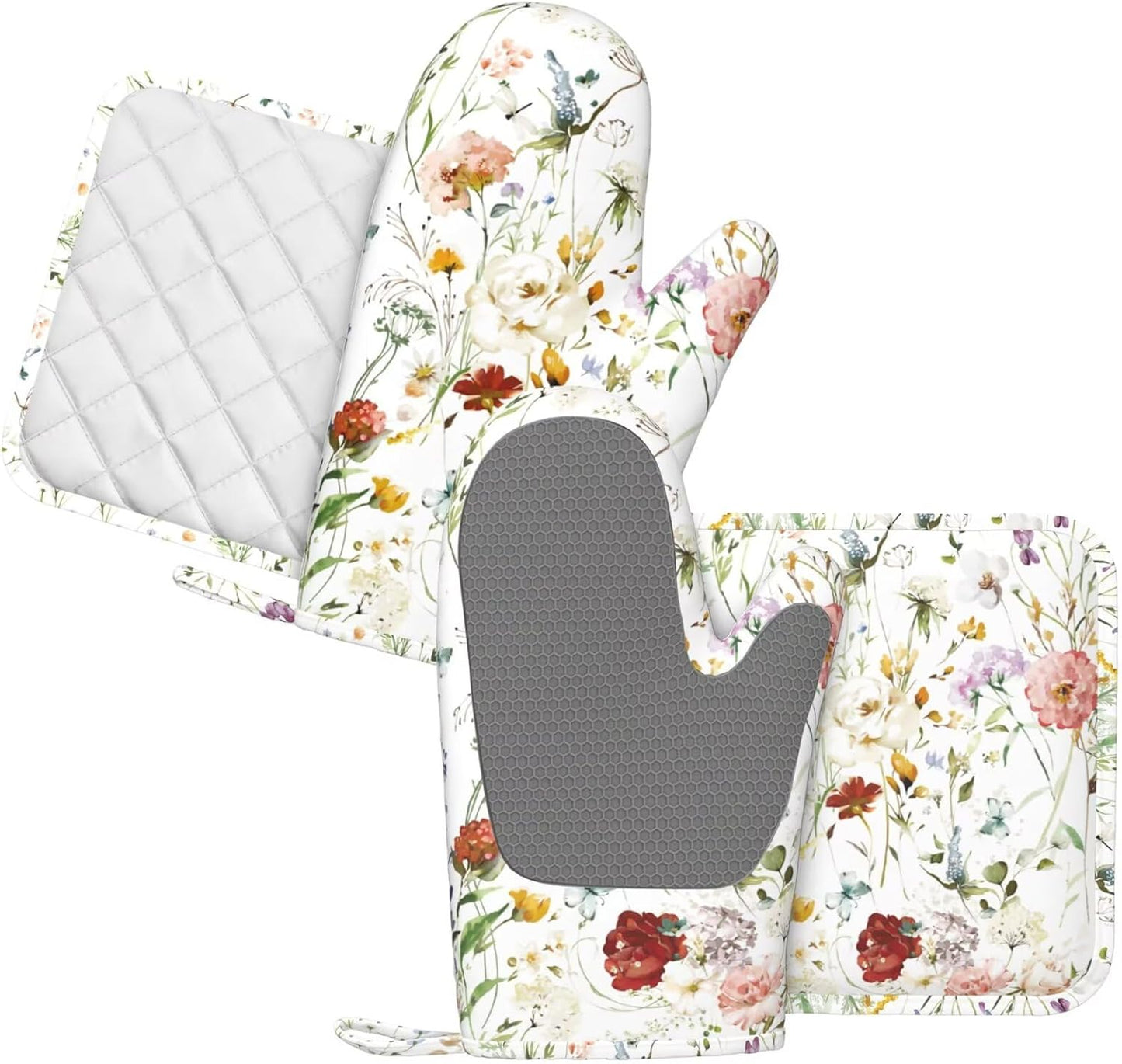 Wildflower Flower Oven Mitts and Pot Holders Set of 4 Silicone Boho Butterfly Hydrangea Kitchen Mitten Gloves and Watercolor Florals Potholders Set Oven Gloves Hot Holders for Kitchen