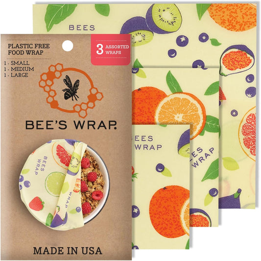 Bee's Wrap Beeswax Wraps for Food - Fresh Fruit 3 Pack (S, M, L) Made in USA Reusable & Organic Food Wraps, Sandwich Wrap & Bowl Covers - Eco-Friendly Alternative to Aluminum Foil & Plastic Wrap