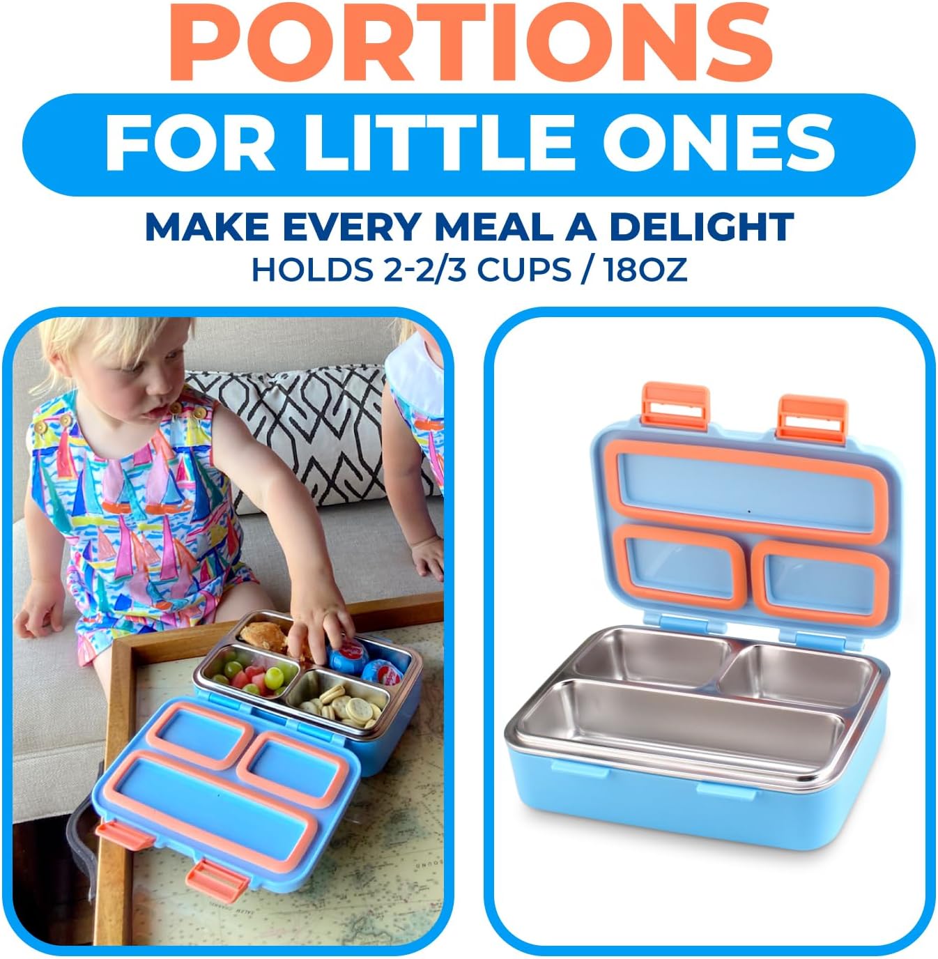 kinsho Stainless Steel Lunch Box for Baby Toddlers Boys, Mini Bento, 3 Eco Metal Portion Sections Leakproof Lid, Pre-School Daycare Lunches, Kids Spill-Proof Snack Container, 18 oz/550 mL, Blue